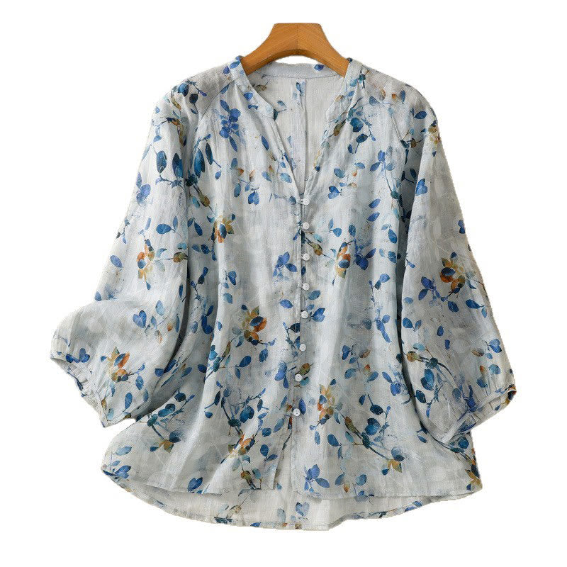 Buddha Stonesブルーフローラル Vネック 七分袖 レディース コットンシャツ - image 17