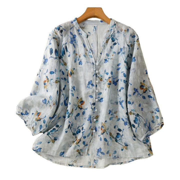 Buddha Stonesブルーフローラル Vネック 七分袖 レディース コットンシャツ - image 17