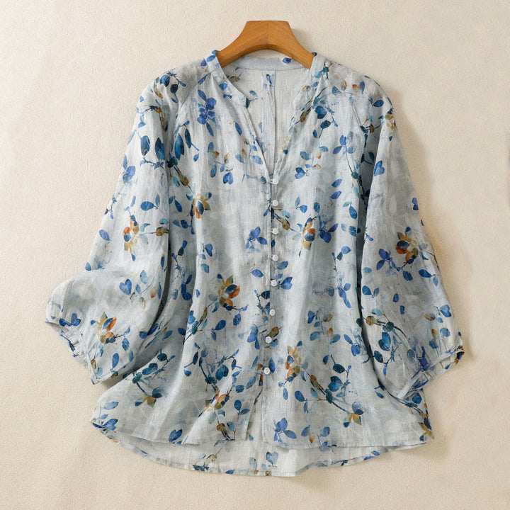 Buddha Stonesブルーフローラル Vネック 七分袖 レディース コットンシャツ - ライトブルー - US14、 UK/AU18、 EU46 (2XL) - image 1