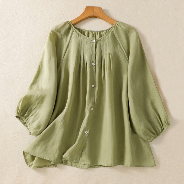 Buddha Stones無地ボタン クルーネック 七分袖 レディース コットンシャツ - 黄緑 - US14、 UK/AU18、 EU46 (2XL) - image 3