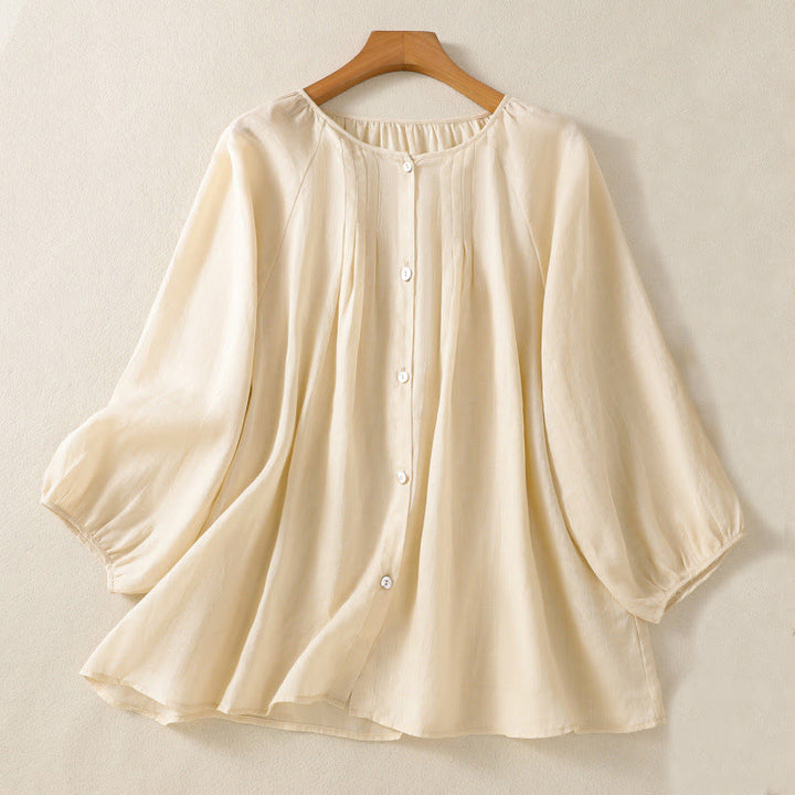 Buddha Stones無地ボタン クルーネック 七分袖 レディース コットンシャツ - ベージュ - US14、 UK/AU18、 EU46 (2XL) - image 13