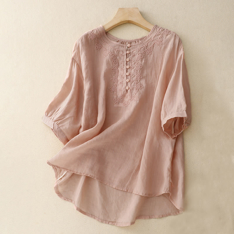 Buddha Stonesライン刺繍ボタンクルーネック半袖レディースコットンシャツ - ピンク - US14、 UK/AU18、 EU46 (2XL) - image 12