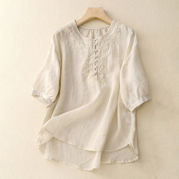 Buddha Stonesライン刺繍ボタンクルーネック半袖レディースコットンシャツ - リネン - US14、 UK/AU18、 EU46 (2XL) - image 5