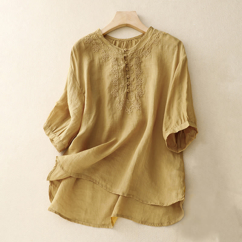 Buddha Stonesライン刺繍ボタンクルーネック半袖レディースコットンシャツ - ゴールデンロッド - US14、 UK/AU18、 EU46 (2XL) - image 17