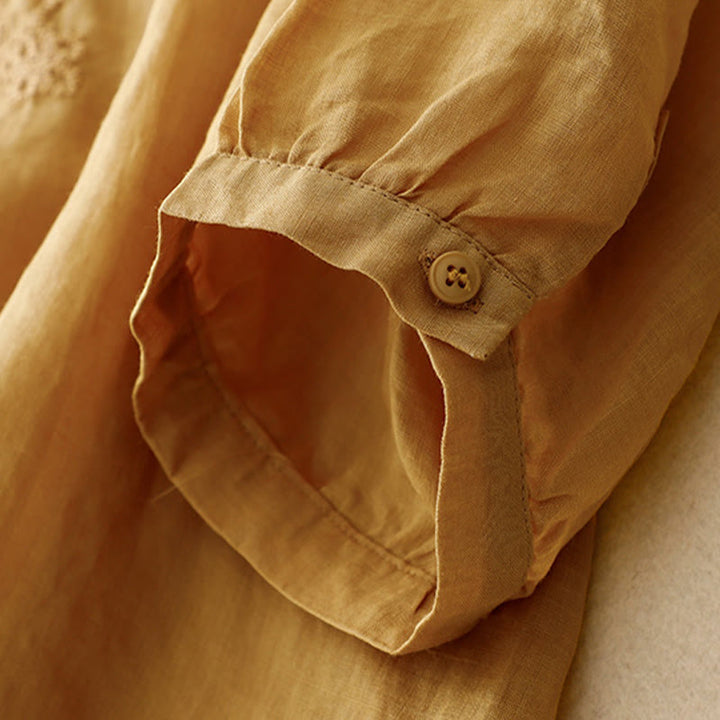 Buddha Stonesライン刺繍ボタンクルーネック半袖レディースコットンシャツ - image 22