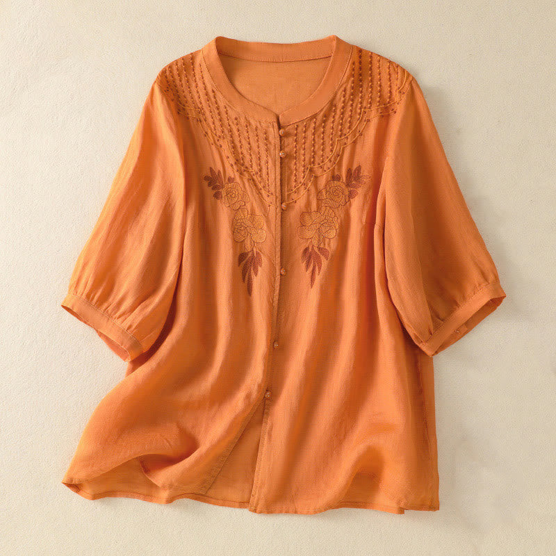 Buddha Stonesローズフローラル刺繍ボタン半袖レディースコットンシャツ - オレンジ - US14、 UK/AU18、 EU46 (2XL) - image 23