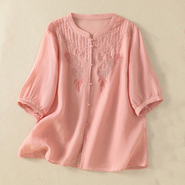 Buddha Stonesローズフローラル刺繍ボタン半袖レディースコットンシャツ - ライトピンク - US14、 UK/AU18、 EU46 (2XL) - image 11