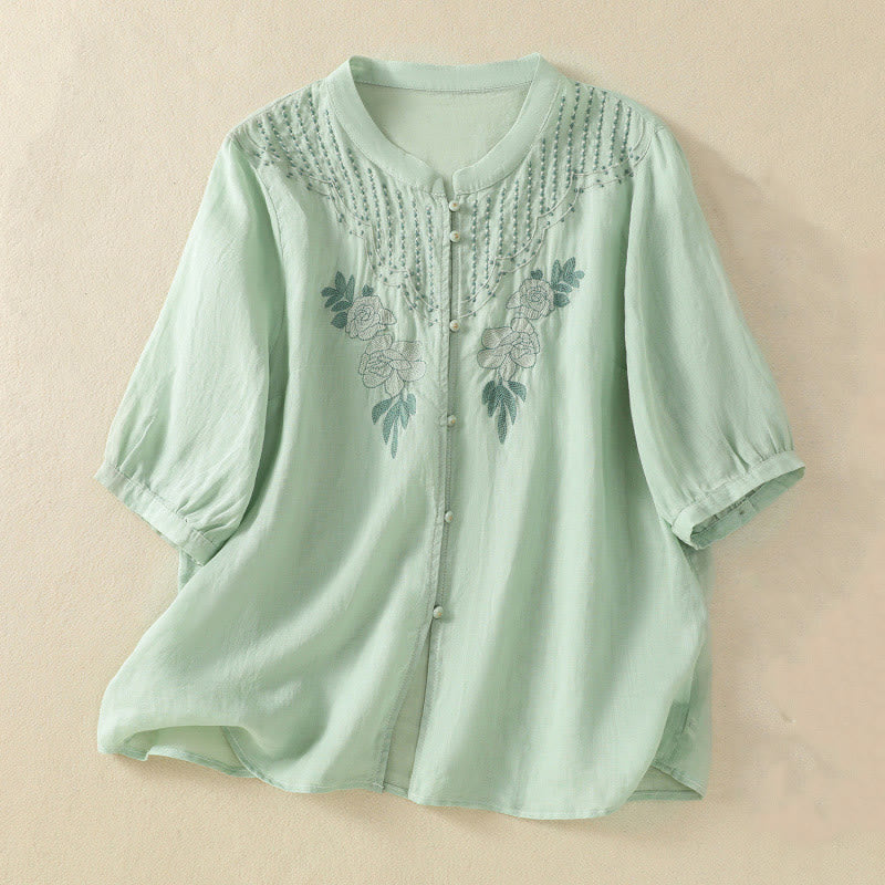 Buddha Stonesローズフローラル刺繍ボタン半袖レディースコットンシャツ - 甘露 - US14、 UK/AU18、 EU46 (2XL) - image 0