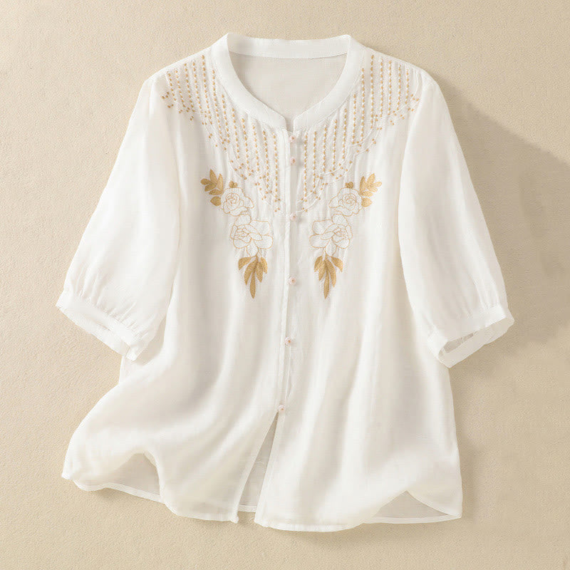 Buddha Stonesローズフローラル刺繍ボタン半袖レディースコットンシャツ - 白 - US14、 UK/AU18、 EU46 (2XL) - image 33