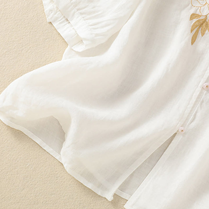 Buddha Stonesローズフローラル刺繍ボタン半袖レディースコットンシャツ - image 39