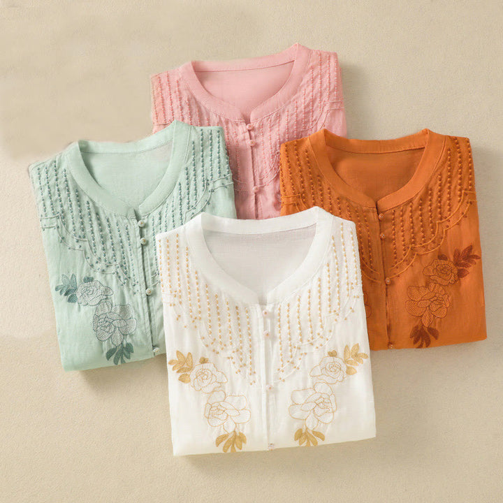 Buddha Stonesローズフローラル刺繍ボタン半袖レディースコットンシャツ - image 41
