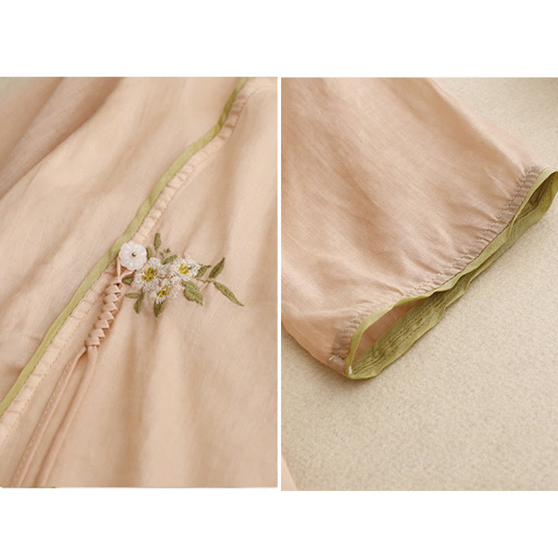 Buddha Stonesベージュ花柄グリーンリーフ刺繍クルーネック七分袖レディースシャツ - image 18