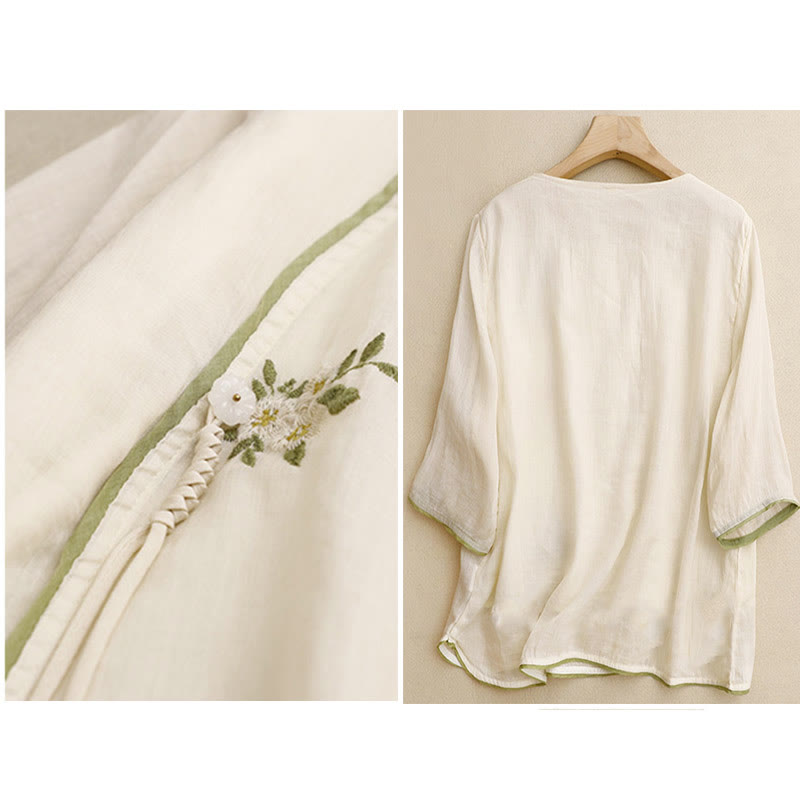 Buddha Stonesベージュ 花柄 グリーンリーフ 刺繍 クルーネック 七分袖 レディース コットンシャツ - image 2