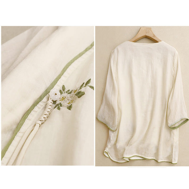Buddha Stonesベージュ 花柄 グリーンリーフ 刺繍 クルーネック 七分袖 レディース コットンシャツ - image 2