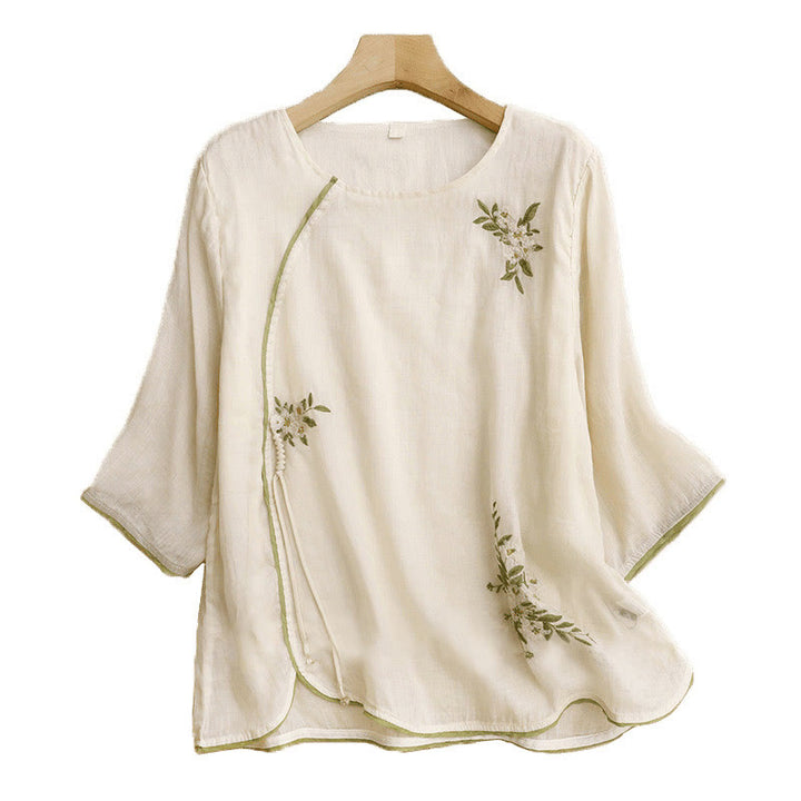 Buddha Stonesベージュ花柄グリーンリーフ刺繍クルーネック七分袖レディースシャツ - image 12
