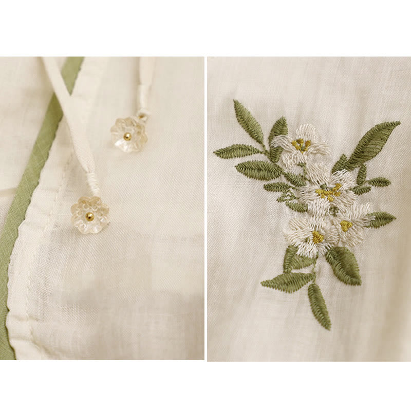 Buddha Stonesベージュ花柄グリーンリーフ刺繍クルーネック七分袖レディースシャツ - image 10