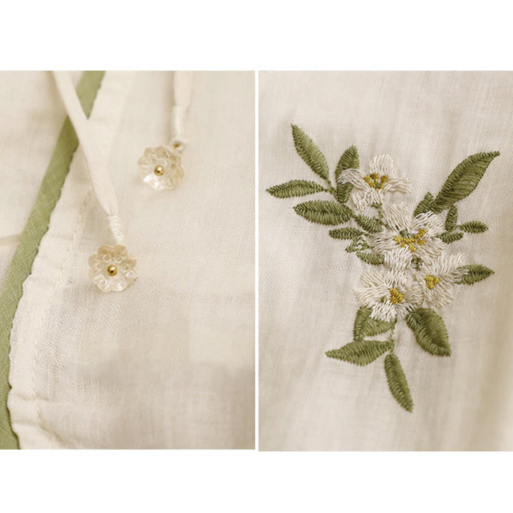 Buddha Stonesベージュ花柄グリーンリーフ刺繍クルーネック七分袖レディースシャツ - image 10