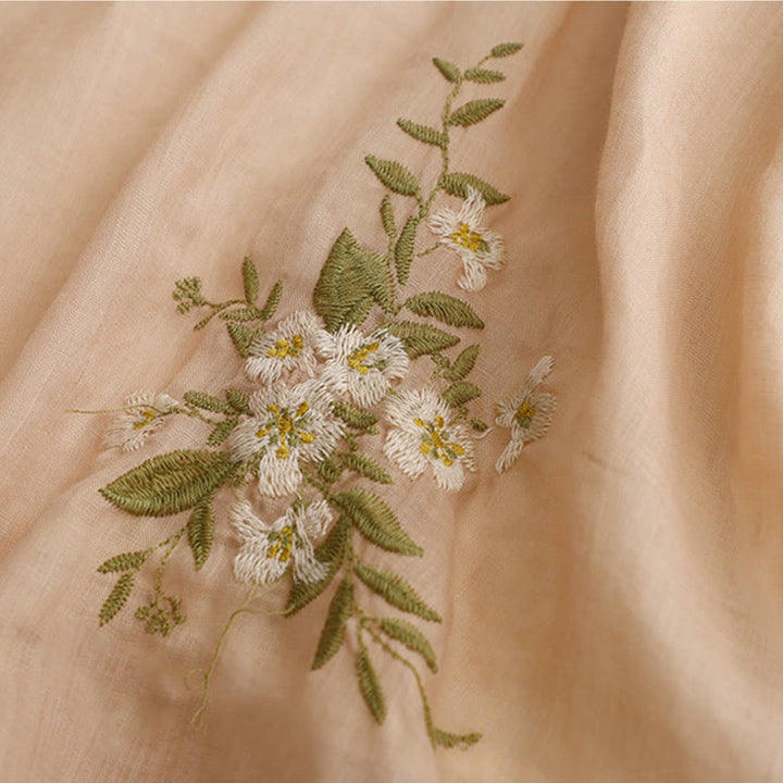 Buddha Stonesベージュ花柄グリーンリーフ刺繍クルーネック七分袖レディースシャツ - image 14