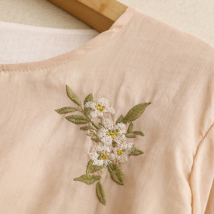 Buddha Stonesベージュ花柄グリーンリーフ刺繍クルーネック七分袖レディースシャツ - image 15