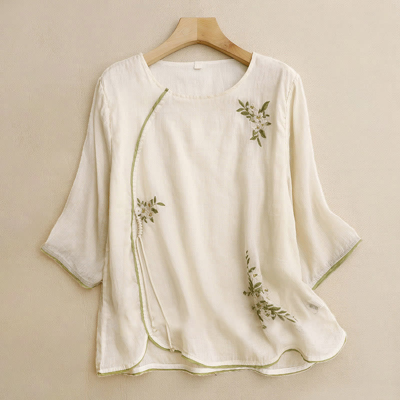 Buddha Stonesベージュ 花柄 グリーンリーフ 刺繍 クルーネック 七分袖 レディース コットンシャツ - ベージュ - US12、 UK/AU16、 EU44 (2XL) - image 1