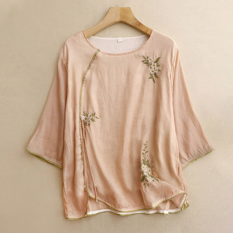 Buddha Stonesベージュ花柄グリーンリーフ刺繍クルーネック七分袖レディースシャツ - ピーチパフ - US12、 UK/AU16、 EU44 (2XL) - image 13
