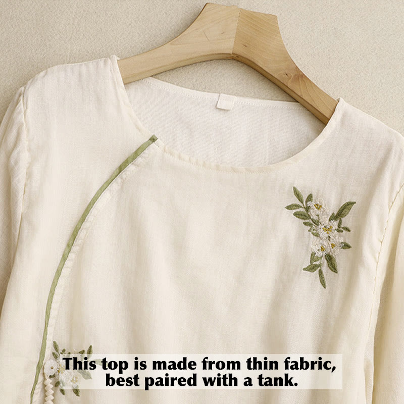 Buddha Stonesベージュ花柄グリーンリーフ刺繍クルーネック七分袖レディースシャツ - image 2