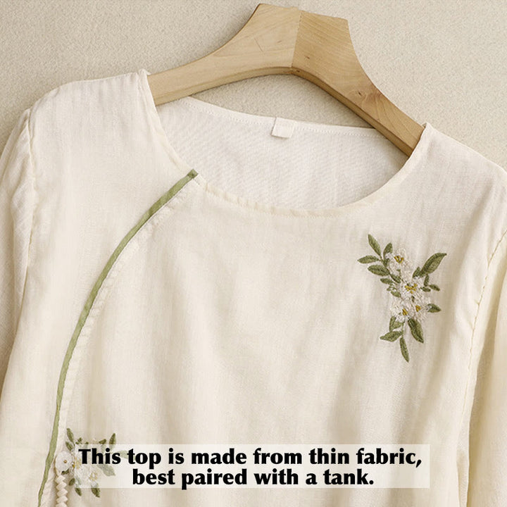 Buddha Stonesベージュ花柄グリーンリーフ刺繍クルーネック七分袖レディースシャツ - image 2