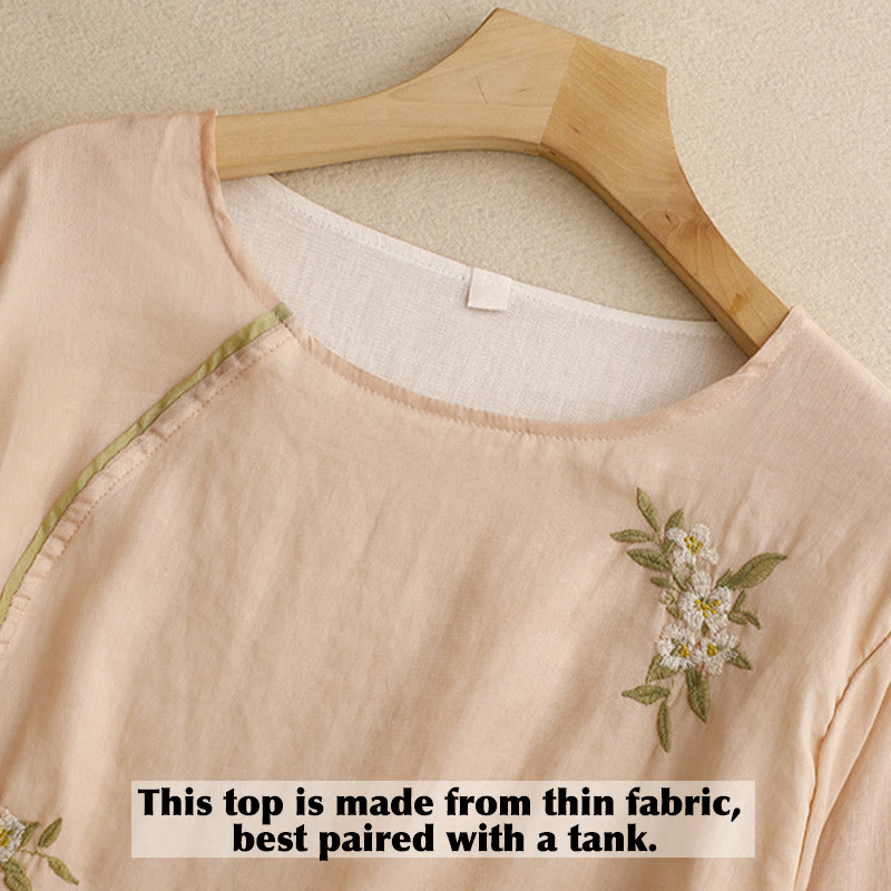 Buddha Stonesベージュ花柄グリーンリーフ刺繍クルーネック七分袖レディースシャツ - image 13