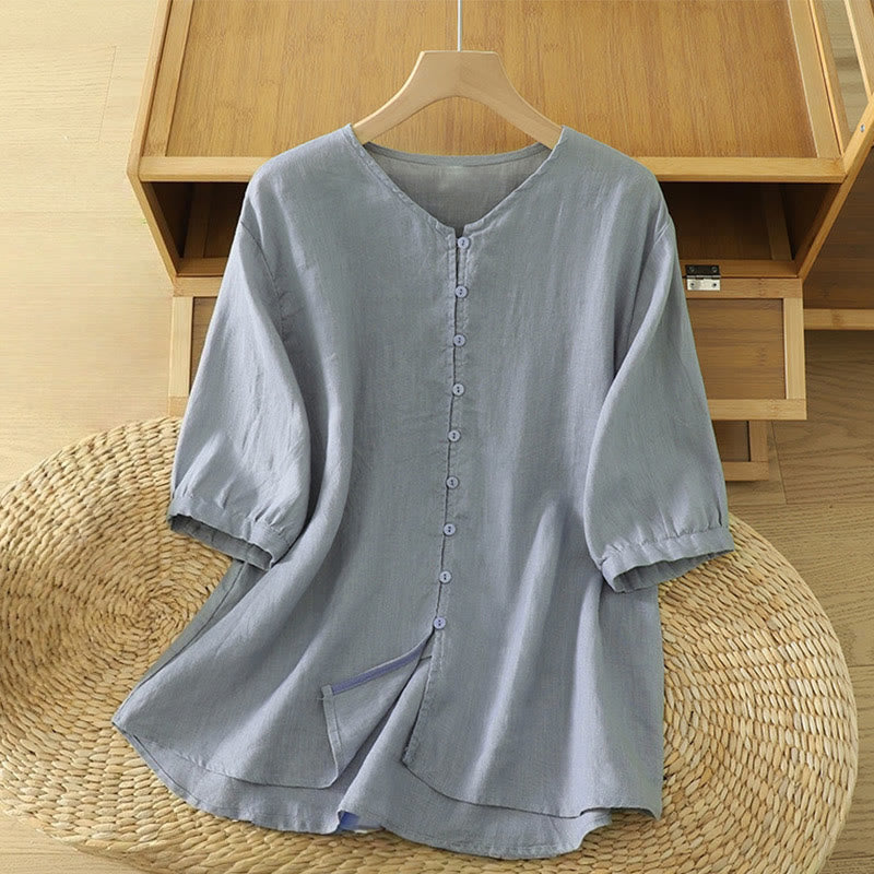 Buddha Stones無地ボタン Vネック 半袖 レディースシャツ - ライトスチールブルー - US12、 UK/AU16、 EU44 (2XL) - image 21