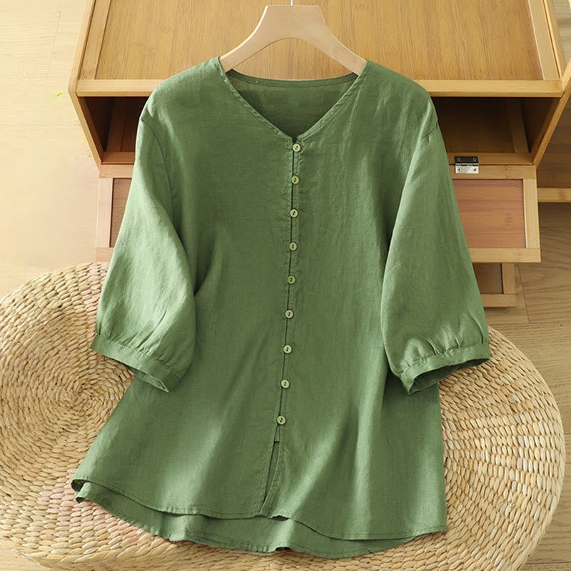 Buddha Stones無地ボタン Vネック 半袖 レディースシャツ - ダークシーグリーン - US12、 UK/AU16、 EU44 (2XL) - image 16