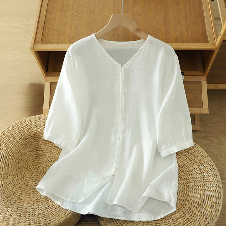 Buddha Stones無地ボタン Vネック 半袖 レディースシャツ - 白 - US12、 UK/AU16、 EU44 (2XL) - image 6