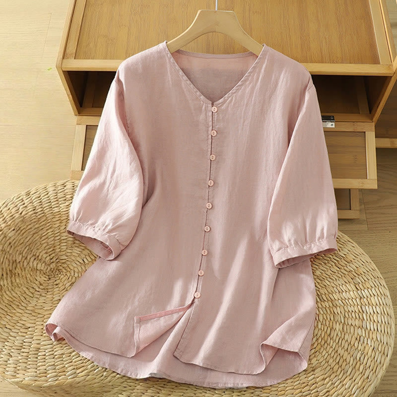 Buddha Stones無地ボタン Vネック 半袖 レディースシャツ - ライトピンク - US12、 UK/AU16、 EU44 (2XL) - image 0