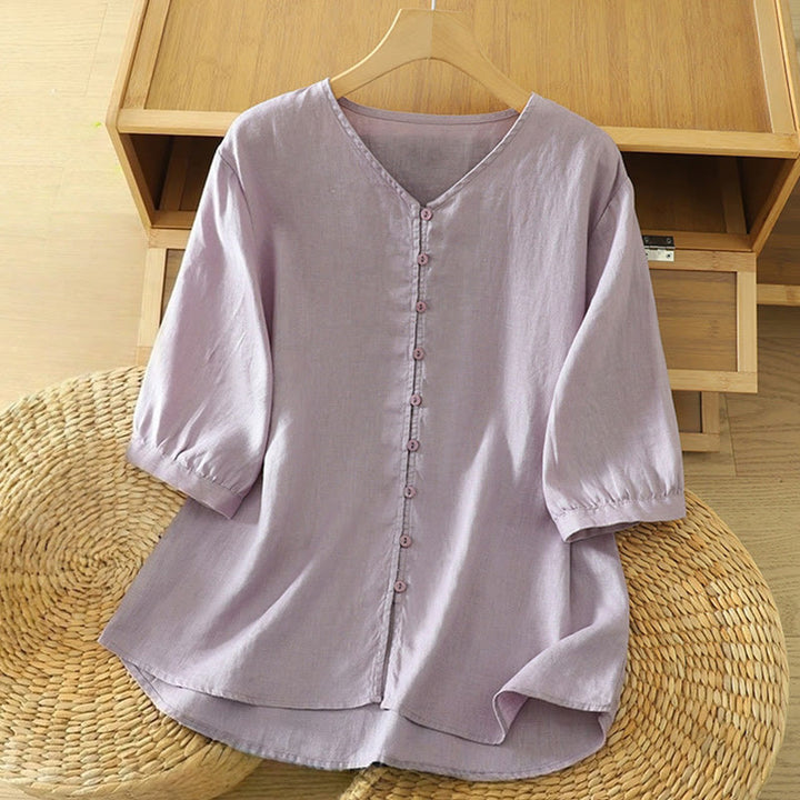 Buddha Stones無地ボタン Vネック 半袖 レディースシャツ - アザミ - US12、 UK/AU16、 EU44 (2XL) - image 27