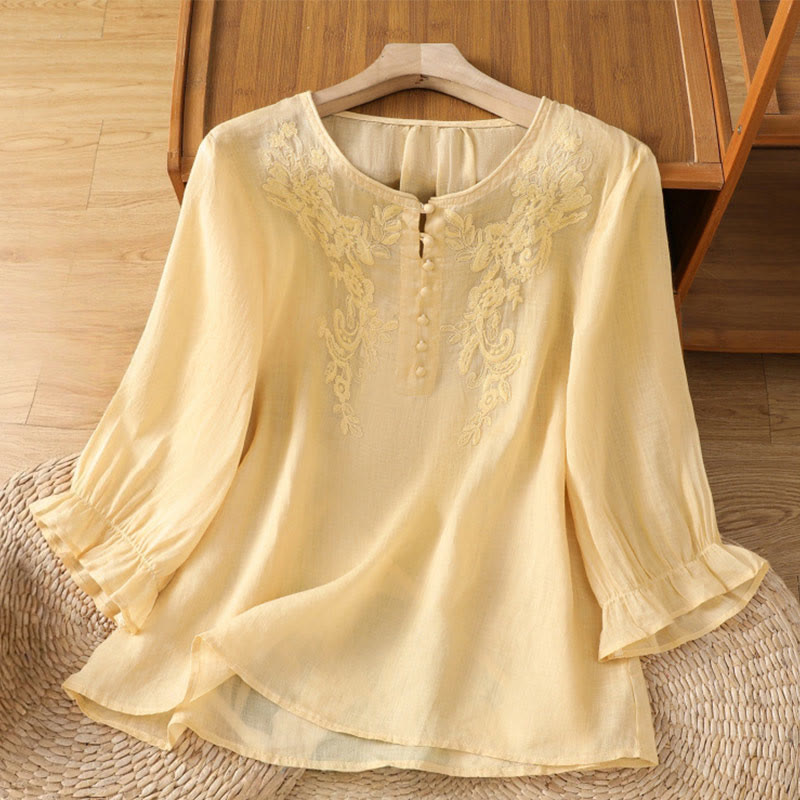 Buddha Stonesと花のつる刺繍ボタンクルーネック七分袖レディースコットンシャツ - カーキ - US12、 UK/AU16、 EU44 (2XL) - image 0