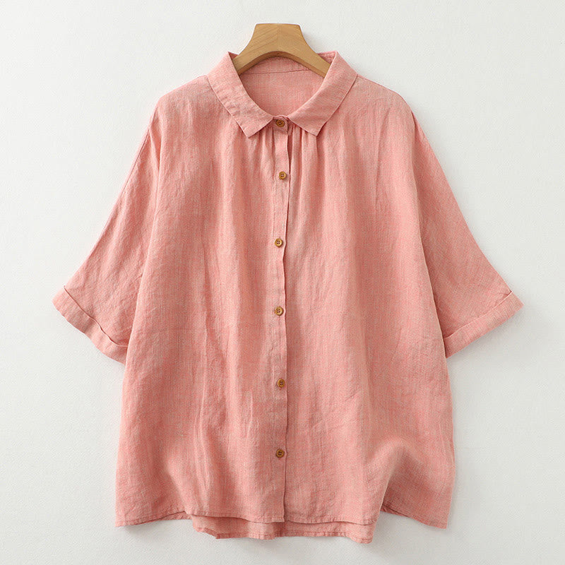 Buddha Stonesカジュアル 無地 ボタン レディース コットン リネン 半袖シャツ - 鮭 - US12、 UK/AU16、 EU44 (2XL) - image 9