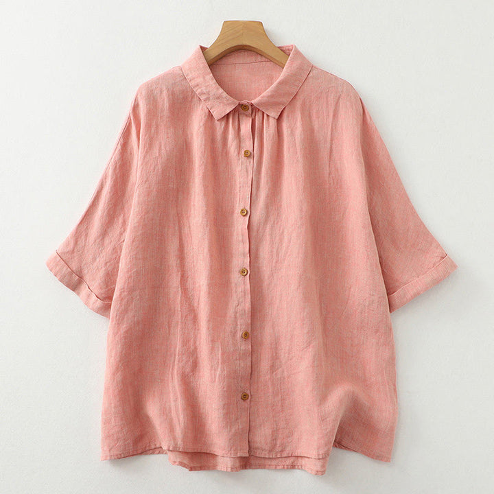 Buddha Stonesカジュアル 無地 ボタン レディース コットン リネン 半袖シャツ - 鮭 - US12、 UK/AU16、 EU44 (2XL) - image 9