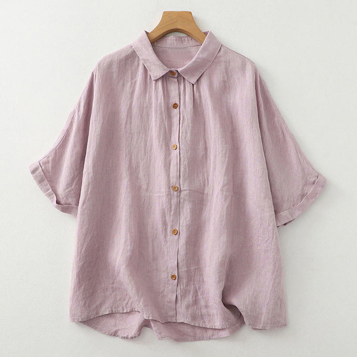 Buddha Stonesカジュアル 無地 ボタン レディース コットン リネン 半袖シャツ - アザミ - US12、 UK/AU16、 EU44 (2XL) - image 2