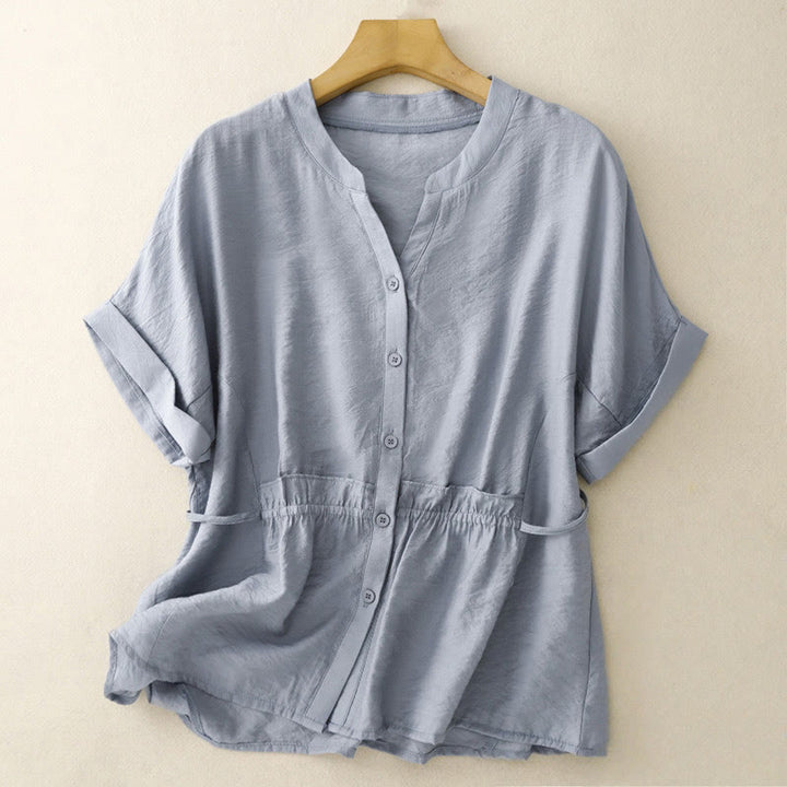 Buddha Stonesサマーボタン レースアップ 半袖 レディース コットンシャツ - ライトブルー - US8-10，UK/AU12-14，EU40-42 (2XL) - image 0