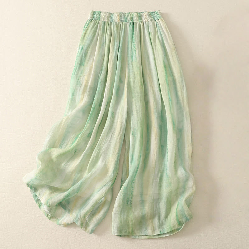 Buddha Stones 7-8丈 伸縮性ウエスト レディース ワイドレッグ コットンリネン パンツ ポケット付き - ライトグリーン - US8-10，UK/AU12-14，EU40-42 (2XL) - image 0