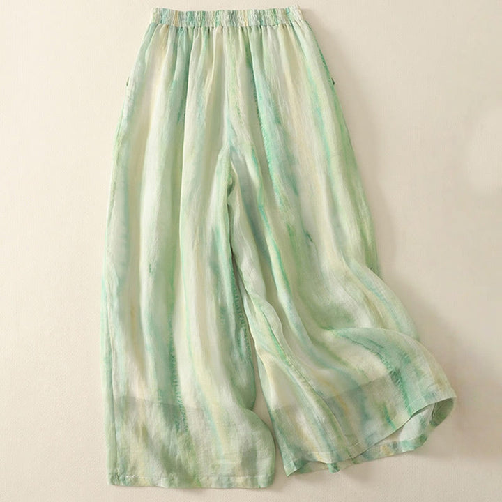 Buddha Stones 7-8丈 伸縮性ウエスト レディース ワイドレッグ コットンリネン パンツ ポケット付き - image 1