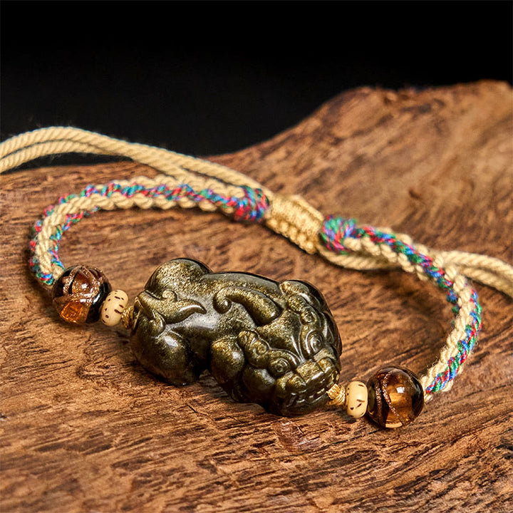 Buddha Stonesゴールド光沢黒曜石貔貅富ロープブレスレット - image 3