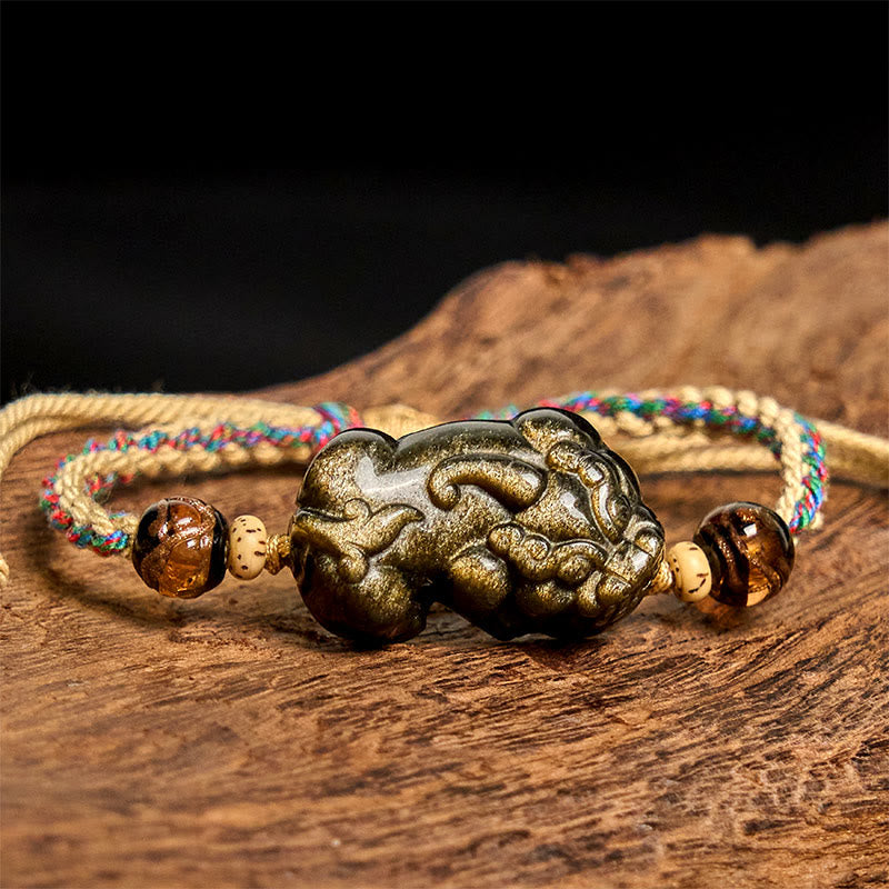 Buddha Stonesゴールド光沢黒曜石貔貅富ロープブレスレット - image 2