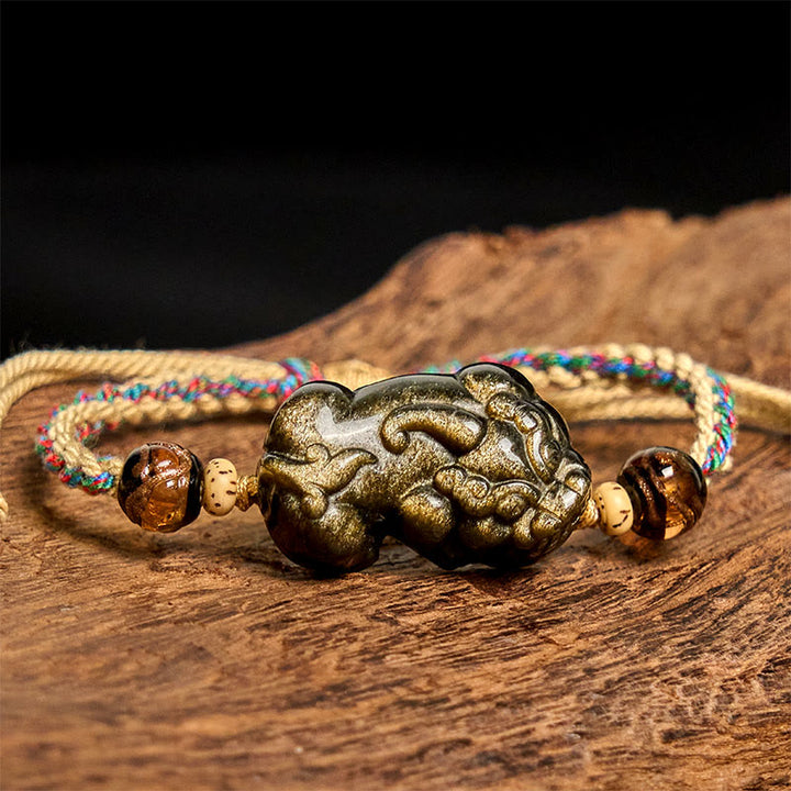 Buddha Stonesゴールド光沢黒曜石貔貅富ロープブレスレット - image 2