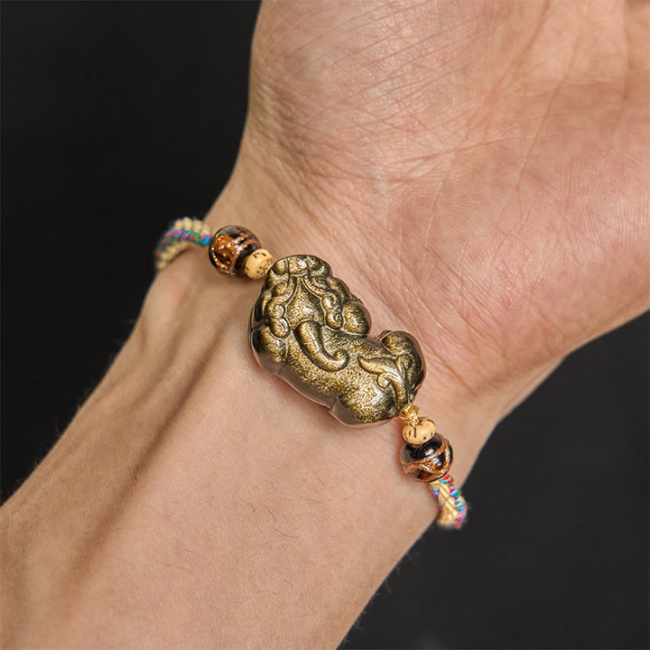Buddha Stonesゴールド光沢黒曜石貔貅富ロープブレスレット - image 6