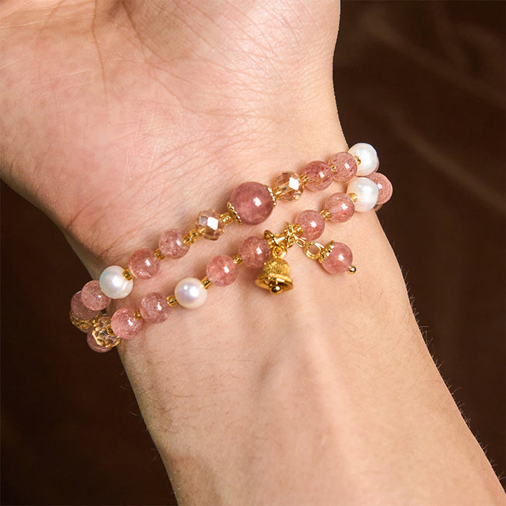 Buddha Stonesナチュラルストロベリークォーツ パールベル ヒーリング ダブルラップブレスレット