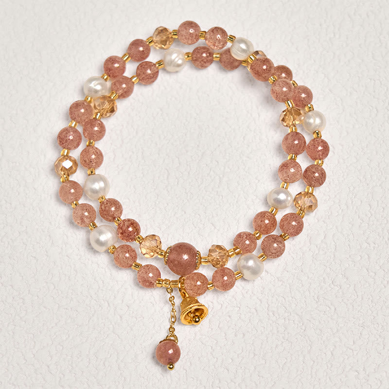 Buddha Stonesナチュラルストロベリークォーツ パールベル ヒーリング ダブルラップブレスレット