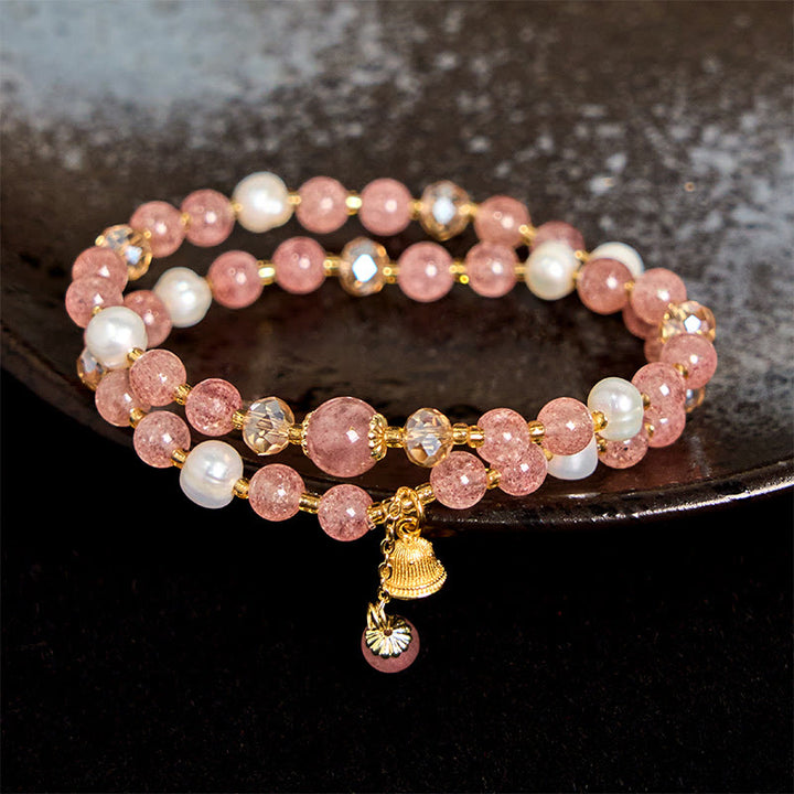 Buddha Stonesナチュラルストロベリークォーツ パールベル ヒーリング ダブルラップブレスレット