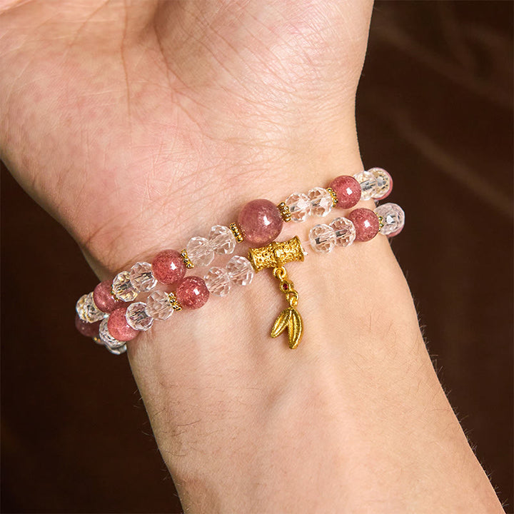 Buddha Stones天然ストロベリークォーツ クリスタル バンブー ポジティブ ダブルラップブレスレット