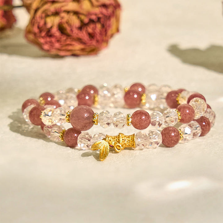 Buddha Stones天然ストロベリークォーツ クリスタル バンブー ポジティブ ダブルラップブレスレット