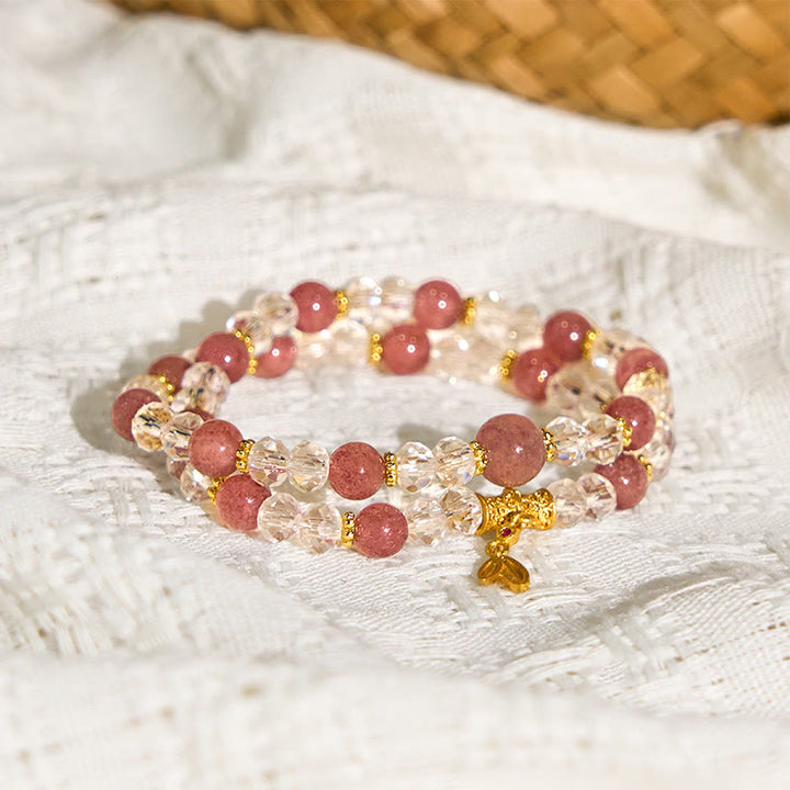 Buddha Stones天然ストロベリークォーツ クリスタル バンブー ポジティブ ダブルラップブレスレット